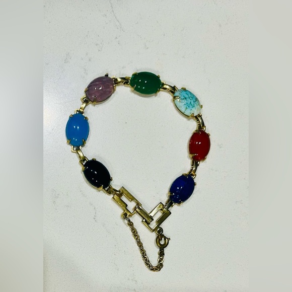 Vintage 1940s Gold-Filled Multi-Glass Cabochon Link Bracelet w/ Safety Chain - Picture 11 of 11